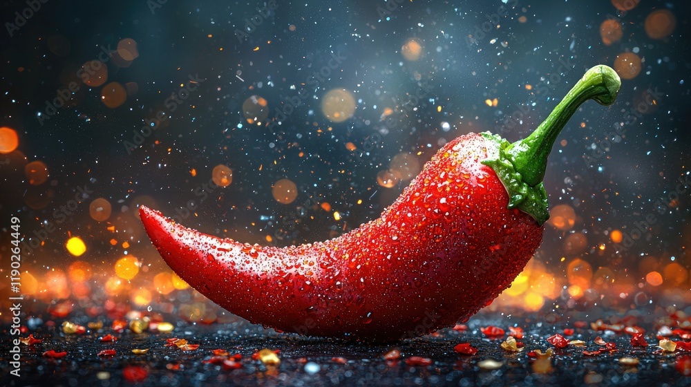 Poster Vibrant Red Chili Pepper with Water Droplets Against Dark Background with Bokeh Lights and Spice Particles