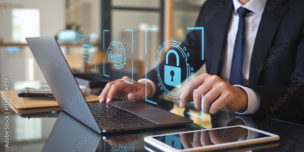 Poster businessman secures data on laptop using digital security interface