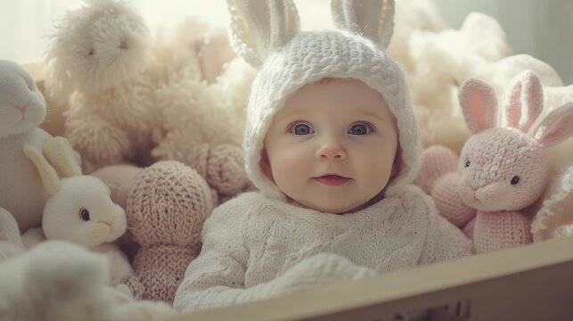 Adorable Baby in Bunny Hat Surrounded by Toys