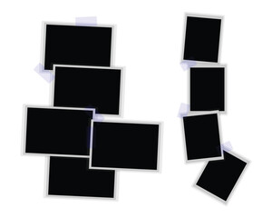 A collection of realistic, vintage photo frames featuring transparent tape and paper clip overlays. This retro style vector illustration format is ideal for creative projects and saved in EPS 10