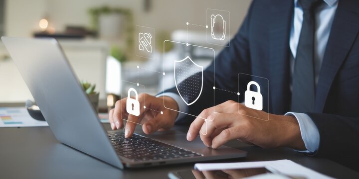 Businessman securing data on laptop with digital shield