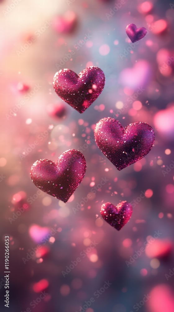 Poster a romantic atmosphere with floating red heart icons in the air, gently overlapping with a soft pink 