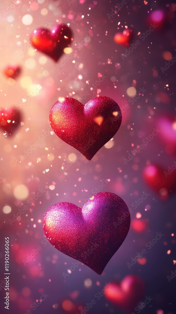 Poster a romantic atmosphere with floating red heart icons in the air, gently overlapping with a soft pink 