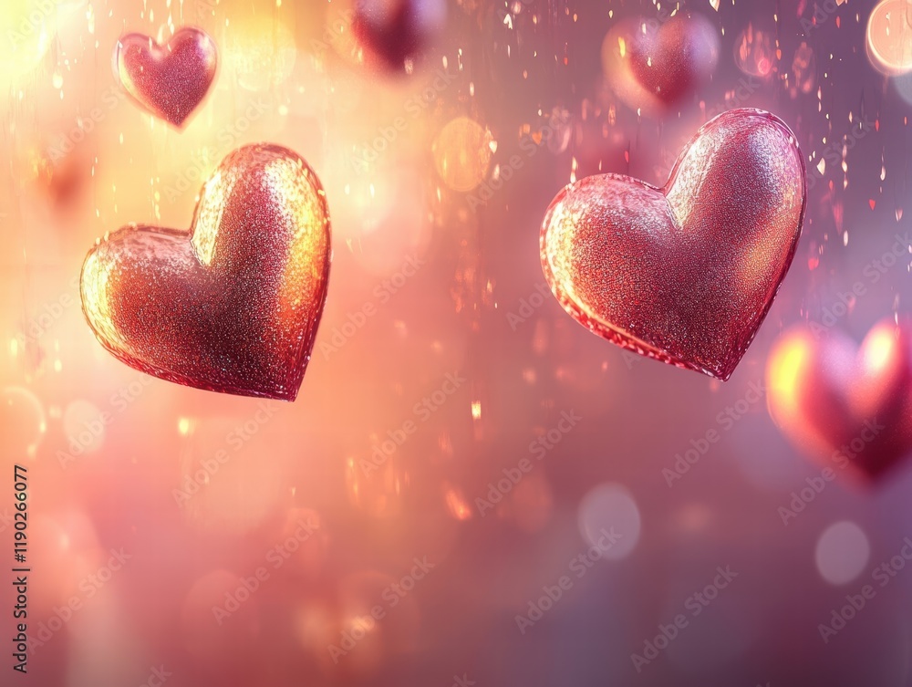 Poster a romantic background with heart-shaped icons floating in the air, each glowing softly against a sof