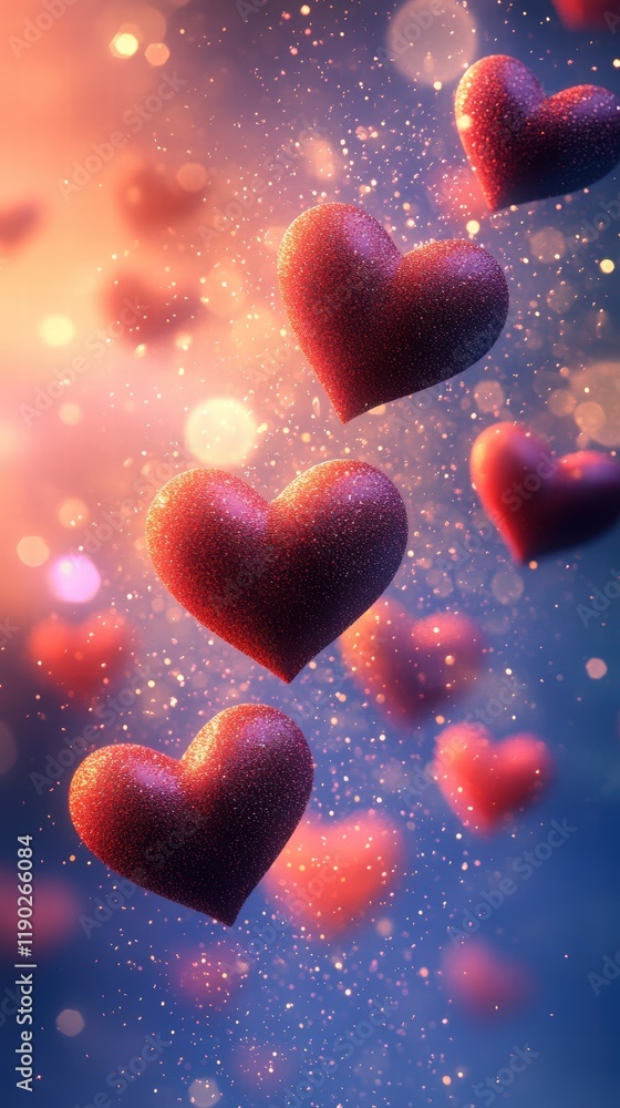 Poster a romantic atmosphere with floating red heart icons in the air, gently overlapping with a soft pink 