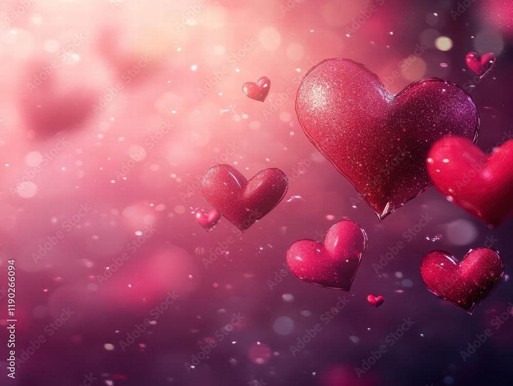 Poster a romantic background with heart-shaped icons floating in the air, each glowing softly against a sof
