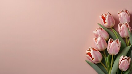 Bouquet of pink tulips on a pink background, top view, space for text.