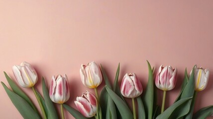 Bouquet of pink tulips on a pink background, top view, space for text.