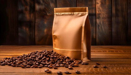 Freshly brewed coffee with beans and packaging