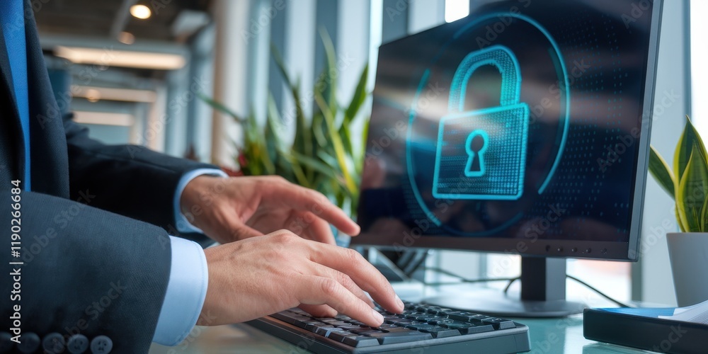 Poster businessman secures data using computer technology