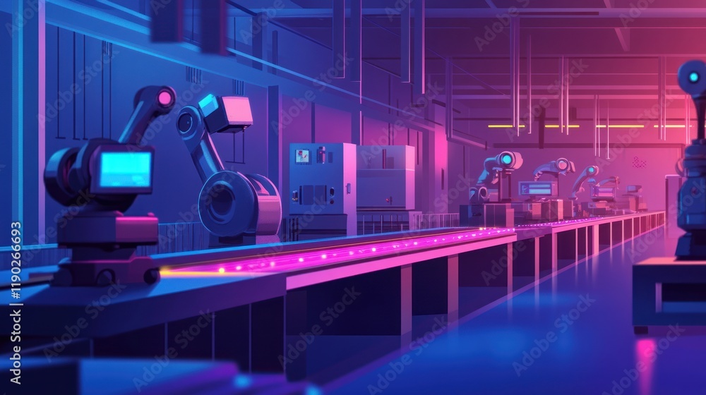 Poster futuristic factory automation: a symphony of robots and neon lights