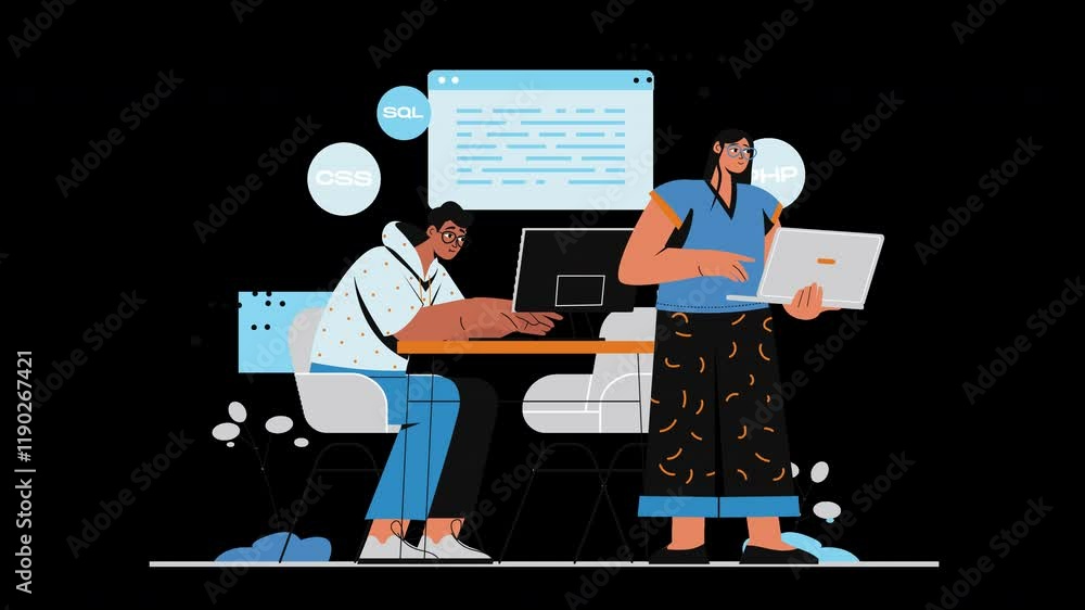 Poster a multiethnic pair working on programming tasks, emphasizing collaboration and technology skills.