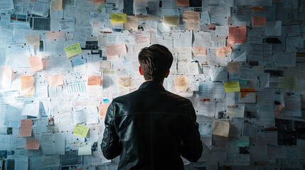 Person standing in front of a job listings board, scanning opportunities with a focused expression. The scene conveys the pursuit of career advancement and the search for meaningful employment.