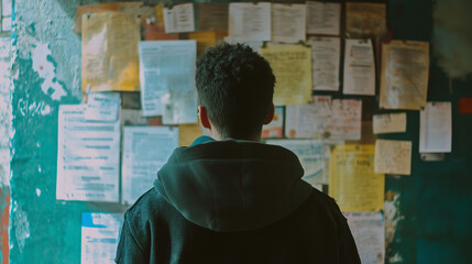 Person standing in front of a job listings board, scanning opportunities with a focused expression. The scene conveys the pursuit of career advancement and the search for meaningful employment.