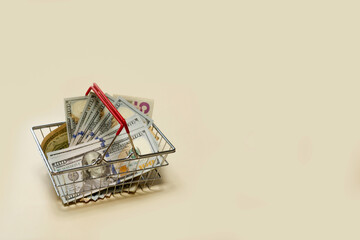 shopping basket filled with dollar bills with copy space