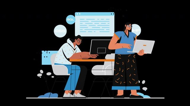 A multiethnic pair working on programming tasks, emphasizing collaboration and technology skills.