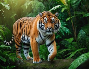 Obraz premium Close-up of a majestic Sumatera tiger in a lush jungle.