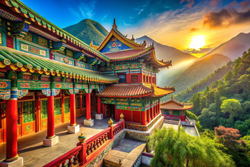 stunning traditional building surrounded by mountains at sunset