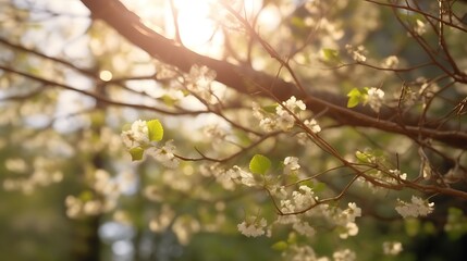 Sunlight Illuminates Delicate White Blossoms On Branch
