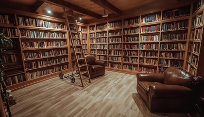 Cozy Library Room Filled With Bookshelves And Chairs