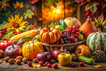 vibrant seasonal still life featuring colorful fruits and vegetables