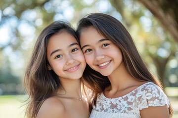 Obraz premium Smiling girls embrace in warm, sunlit outdoor setting, radiating