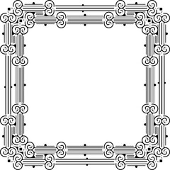 Ornate square frame of swirling floral lines and circles or dots with silhouettes of flower buds.