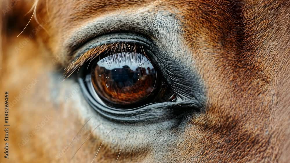 Poster closeup of a horse's eye showing detailed reflection and intricate texture in natural light, closeup