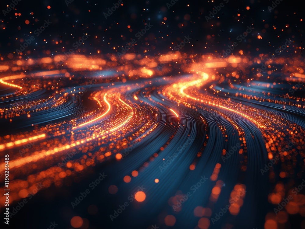 Poster a smooth, fluid design of flowing data lines and light particles on a dark backdrop