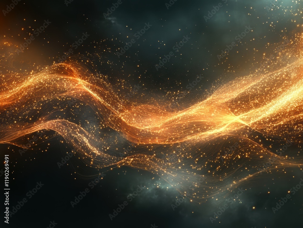 Poster a smooth, fluid design of flowing data lines and light particles on a dark backdrop