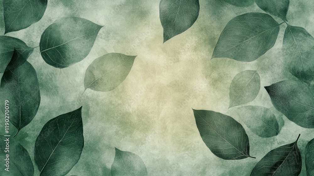 Poster a soft, abstract leaf pattern in muted green tones with subtle texture