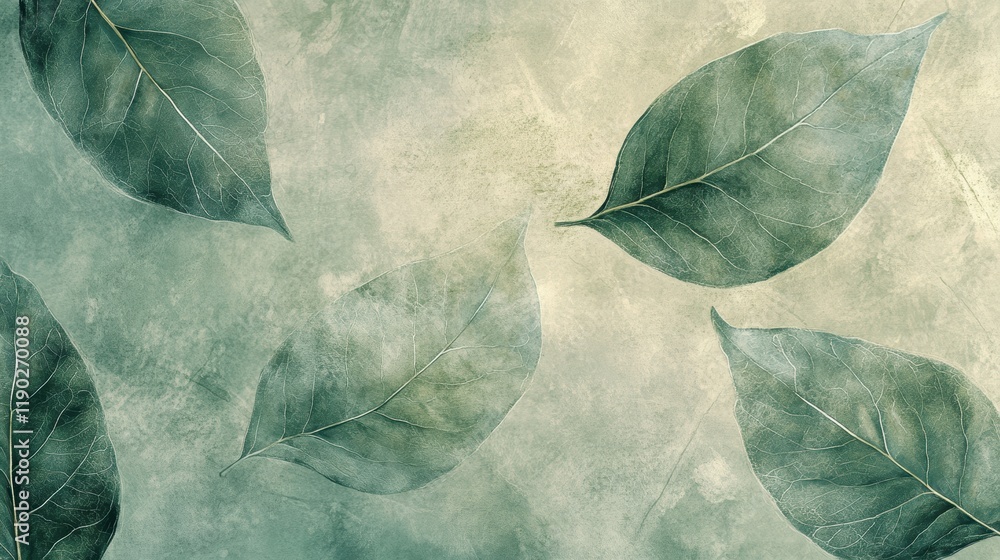 Poster a soft, abstract leaf pattern in muted green tones with subtle texture