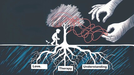 Growth Metaphor with Roots of Love, Therapy Understanding, Tree of Life Silhouette with Anxiety Vines, Helping Hands Pruning Anxiety from Growing Tree