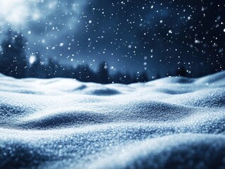A snowy winter scene with dark blue tones and falling blue snowflakes, with a bordered area to insert text