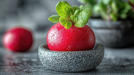 Vibrant Red Radish with Mint in Gray Stone Bowl Close-up Food Photography