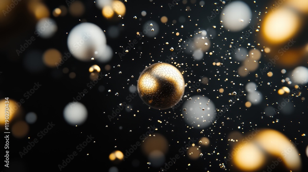 Poster a soft bokeh light effect shining on a black background, with golden and white shimmering orbs in va