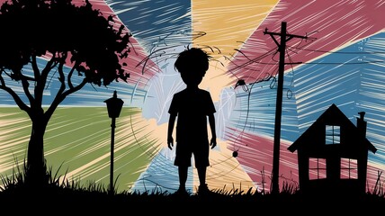 Boy Silhouette with Supportive Elements in Background, Inner Turmoil Amid Comforting Surroundings, Visual Metaphor of Worry and Support