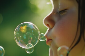 Child blowing bubbles in sunlight, capturing joy and innocence o