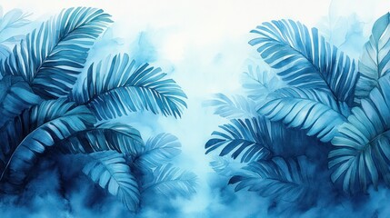 Serene Blue Tropical Paradise: Watercolor Palm Leaves