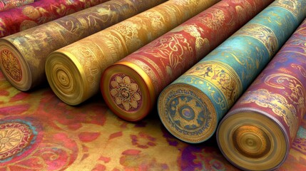 Vibrant Rolls of Decorative Paper with Intricate Patterns and Rich Colors for Crafting, Interior Design, and Art Projects Showcasing Beauty and Variety
