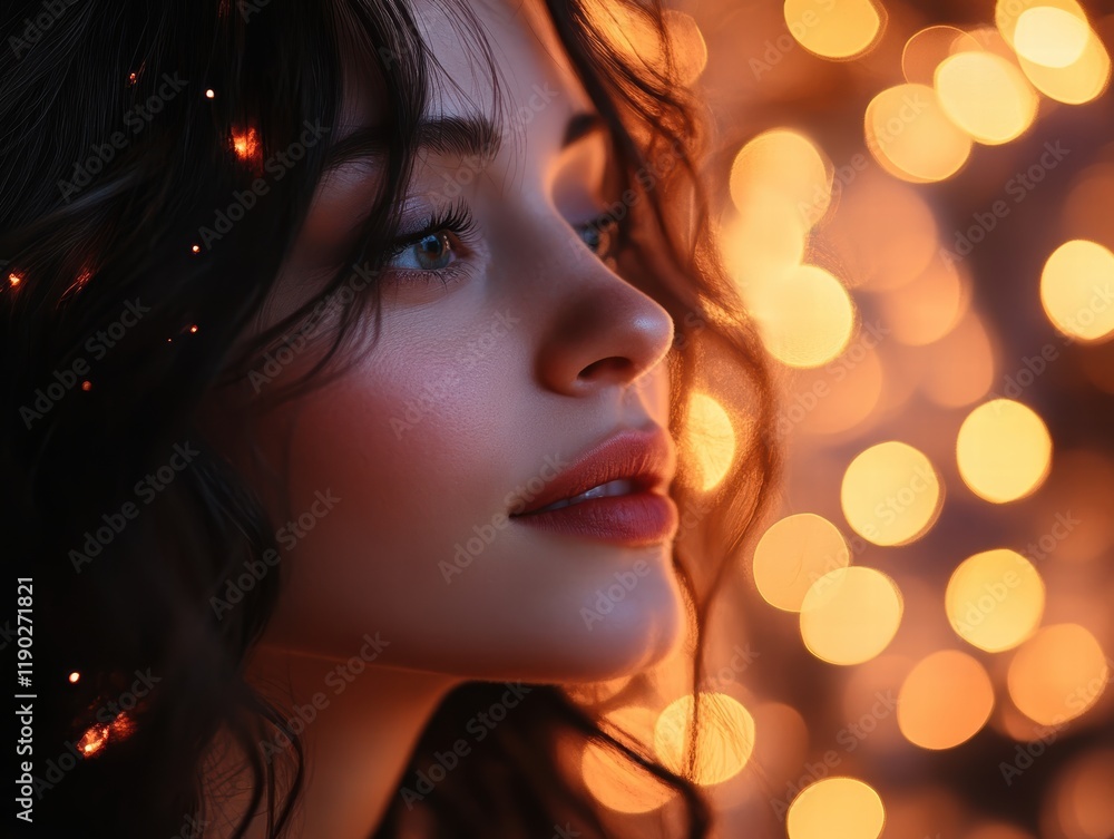 Poster a soft-focus bokeh effect with glowing lights and soft reflections, creating an elegant, magical vib