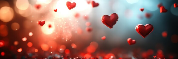 Obraz premium A soft-focus romantic scene with red heart icons drifting in the air, set against a blurred background with light bokeh effects