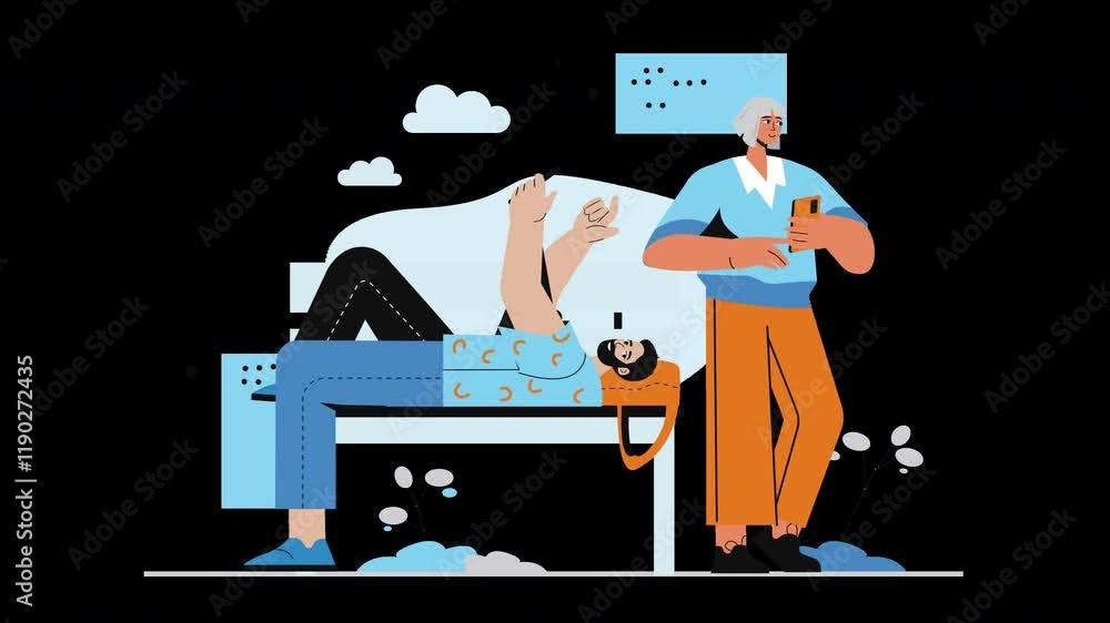 Poster two individuals, one relaxed on a bench and another checking their phone, in an animated flat design