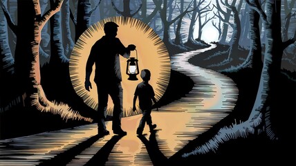 Concept of parental guidance for childhood anxiety.  A Father Guiding Child Through Dark Forest Illustration, Lantern-Lit Path in Forest with Father and Son, 