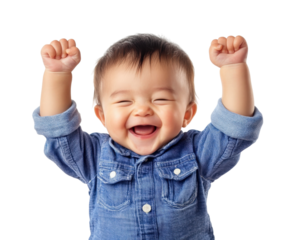 Happy baby with raised arms celebrating joyfully, wearing denim shirt. child has bright smile, expressing pure happiness and excitement
