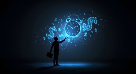Business innovation with glowing blue clock and dollar sign in digital visualization for wealth growth and futuristic financial concept representing economic productivity and optimization