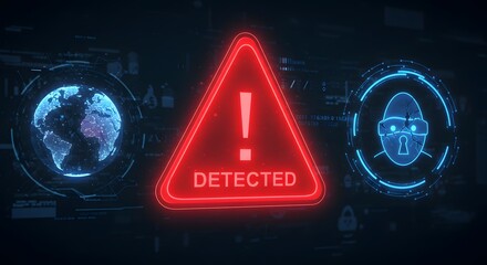 Cyber alert concept featuring illuminated red triangle icon in digital interface for fraud detection and online safety in futuristic global security framework