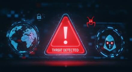 Cyber alert concept featuring illuminated red triangle icon in digital interface for fraud detection and online safety in futuristic global security framework