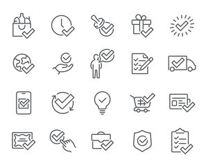 Delivery Success Icons. Editable vector icon set- groceries, clock, stamp, gift, checklist, truck, mobile approval. Perfect for logistics and e-commerce.