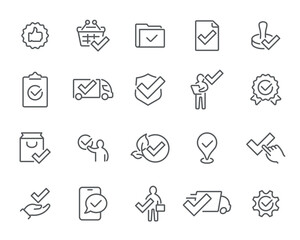Verified Ecommerce Workflow. Linear icons- folder check, delivery truck, customer approval, certified quality, secure package, and mobile confirmation. Fully customizable and ready to use.